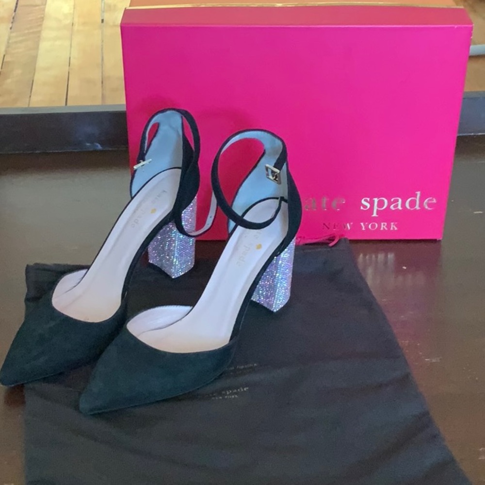 Kate Spade Black suede Crystal stacked heel Sz 6